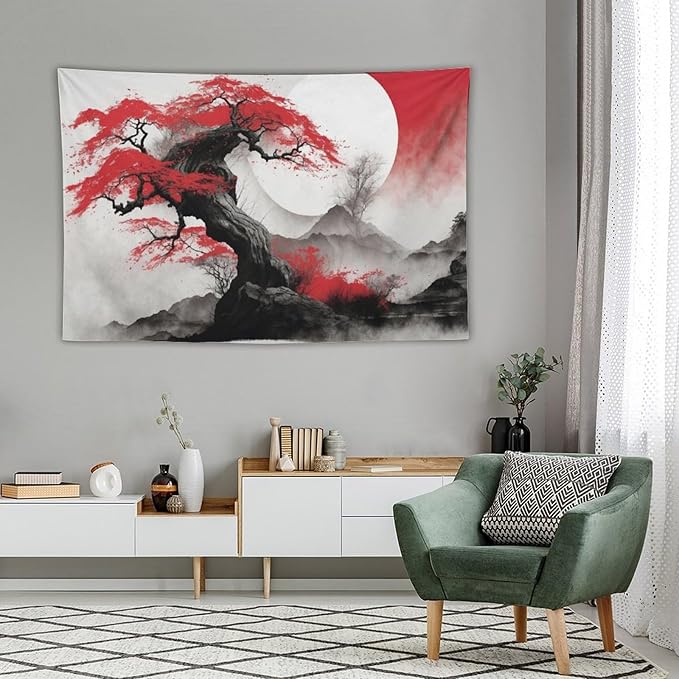 Cherry Blossoms Tapestry,Japanese Red Landscape Asian Watercolor Abstract Art Tapestry,Japanese Wall Tapestry, Nature Landscape Tapestries for Bedroom Living Room Decor 60"x40"