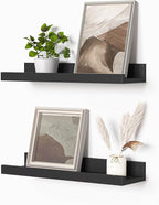 Heimlove Picture Ledge Shelf, Small Floating Shelves Set of 2, 16 Inches Picture Shelf for Wall with Ledge, Kids Bookshelf Wall Mounted for Living Room Bedroom Decor Books Photo Frames, Black