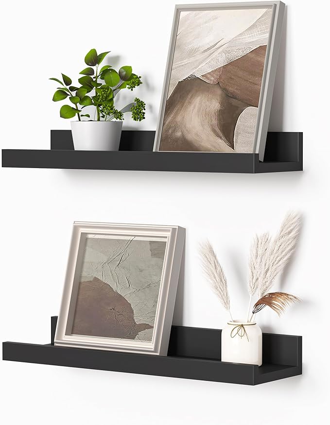 Heimlove Picture Ledge Shelf, Small Floating Shelves Set of 2, 16 Inches Picture Shelf for Wall with Ledge, Kids Bookshelf Wall Mounted for Living Room Bedroom Decor Books Photo Frames, Black