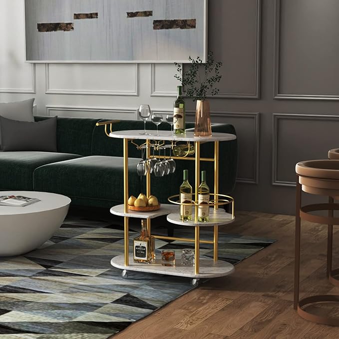 Gold Bar Carts with 4-Tier Storage Shelves, Mobile Bar Serving Cart with Wine Rack and Glass Holder, for The Home, Kitchen, Living Room, Dining Room
