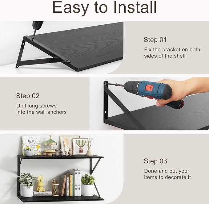 Floating Shelves 55 Inch Long, 10" Deep Floating Shelves, Black Wall Shelves 55 x 10, Set of 2, Wide Large Display Storage Shelves for Bathroom, Living Room, Rustic Wood Shelves with Brackets