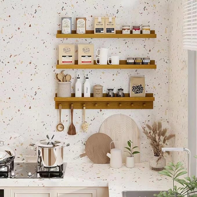 MBYD Floating Shelves 36 Inch, Nursery Book Shelves for Kids Room, Hanging Bookshelf with Hooks Set of 3, Light Walnut Wood Picture Ldge Shelving, Kitchen Wall Shelf Spice Rack for Bedroom Bathroom