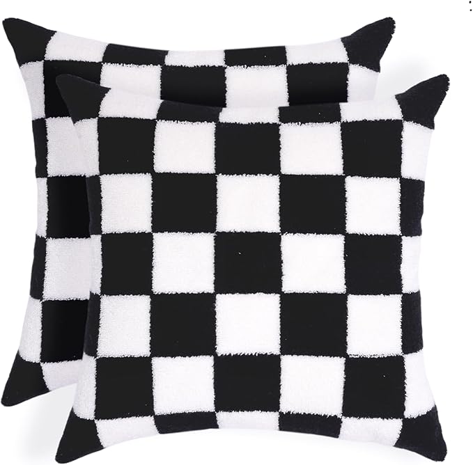 Alysheer Checkered Embroidered Decorative Throw Pillow Covers 18"x 18" Set of 2, Farmhouse Cottage Black White Plaid Tufted Patterned Cotton Canvas Cushion Case for Sofa Couch Bed Living Room