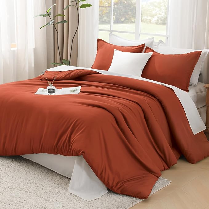 Litanika Burnt Orange California King Comforter Set - 3 Pieces Terracotta Cal King Lightweight Soft Solid Bed Comforter, Oversized Fluffy Quilt Blanket Bedding Set (104x96In, 2 Pillowcases)