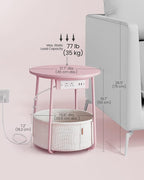 VASAGLE Side Table with Charging Station, Round End Table with Fabric Basket, Nightstand with Power Outlets, USB Ports, for Living Room, Bedroom, Modern, Jelly Pink and Cream White ULET228R01