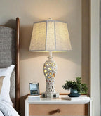 25'' Farmhouse Table Lamp for Living Room Bedroom, 2 USB Ports Vintage Rustic Nightstand Desk Lamp with Nightlight, White Hollow Out Resin Lamp for End Table (Bulb Included)