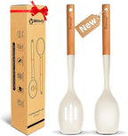 Large Silicone Cooking Spoon Set, 2 Pack Solid Slotted Spoon with Wooden Handle, Nonstick Silicone Kitchen Spoons for Cooking, Heat Resistan Spatula Set for Serving, Basting, Mixing (White)