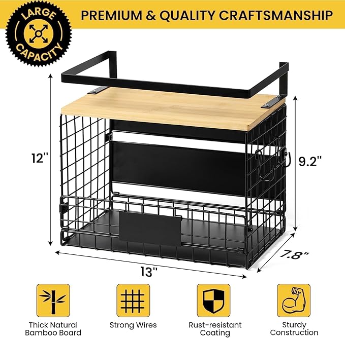 [WIDER Shelf]1 SET Strong Magnetic Shelf Basket for Fridge with Tag & Bamboo Top, XXL Large Magnetic Spice Rack Shelves for Side of Refrigerator, Kitchen Pantry Storage Organizer for Food Fruit Veg