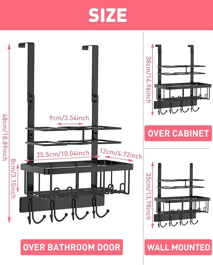 REFLYING Over-the-Door Hairdryer and Styling Tool Organizer, Metal, Black, 3 Compartments, 8 Hooks, 15"H x 10"W x 4.7"D