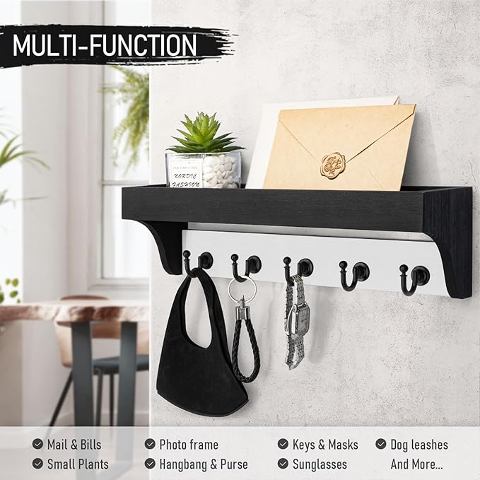 Rebee Vision Key Holder Wall Mount with Shelf - Decorative 2-Color Key Rack with 5 Rustic Key Hooks and Primitive Wood Mail Organizer Wall Mount - Modern Farmhouse Entryway Decor (Black & White)