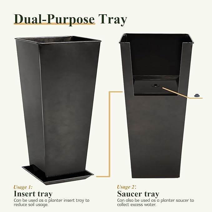 WORTH Garden 28" Large Metal Glazed Planter Set of 2, Luxurious Glossy Finish Black Tall Square Tapered Steel Plant Pots, Decor Flower Pot Indoor & Outdoor, Drainage Hole & Dual-Purpose Plant Saucer