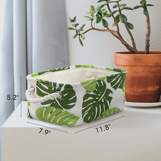 Organization and Storage Basket for Shelves - Small 6 Pack Fabric Storage Bin Collapsible Baskets for Organizing with Handle for Cloth Decorative Laundry Canvas (Banana Leaf 12x8x5.2 inch)