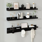 MBYD Floating Shelves for Wall, Nursery Floating Bookshelf for Kids Room, Black Wall Mount Book Shelves with Hooks for Living Room Bedroom Bathroom, 36 Inch Picture Ledge Kitchen Spice Rack Set of 3