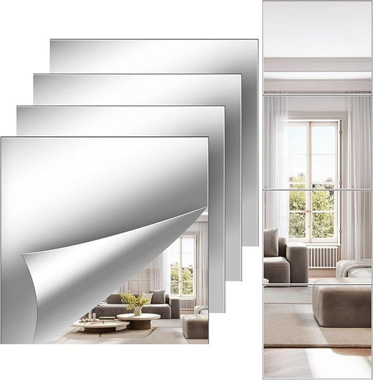 Full Length Wall Mirror Tiles, 12'' x 14'' x 4PCS, Acrylic Unbreakable Full Body Mirror for Bedroom Squares Shatterproof Mirror Sheets Wall Mounted for Home Gym Door