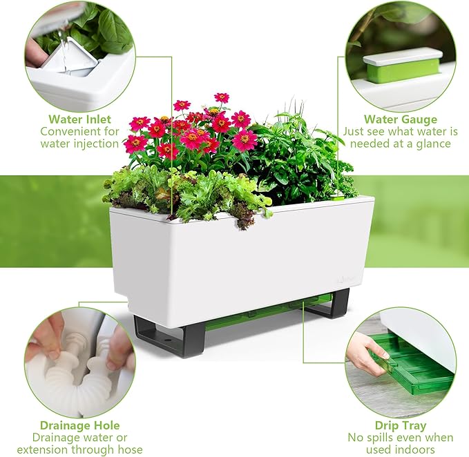 Glowpear Self-Watering Mini Bench Planter - 23.6" in Pot, Free Standing, UV Stable, Scalable, Indoor | Outdoor Pot with Water Gauge, for Home Kitchen Windowsill Gardening
