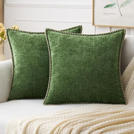 MIULEE Pack of 2 Christmas Pillow Covers 24x24 Inch Moss Green Farmhouse Decorative Throw Pillow Covers with Stitched Edge Soft Chenille Solid Dyed Couch Pillow Covers for Sofa Bed Living Room