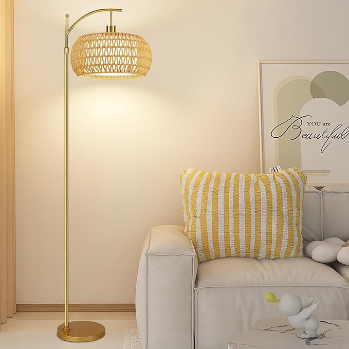 Gold Floor Lamps for Living Room Rattan Boho Floor Lamp with Remote Control,Dimmable Arc Floor Lamp Wicker LampShades Brass Standing Lamp with 3 Color Temperature Tall Floor Lamps For Bedroom Corner