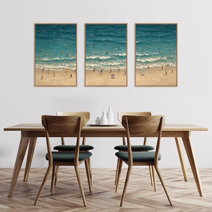 HLNIUC Summer Beach Canvas Wall Art,Modern Minimalist Coastal Landscape Wall Decor Set of 3(16”x24”) Blue Abstract Ocean Wall Painting, Summer Swimming in the Sea Art Print for Living Room,Bathroom