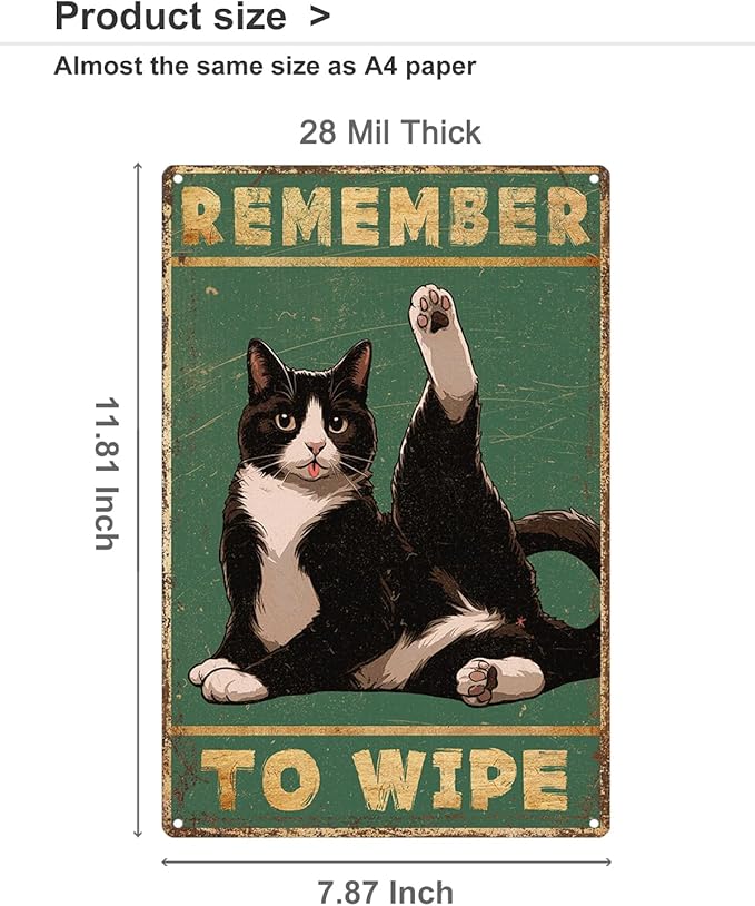 ALKB Bathroom Tuxedo Cat Sign - Remember to Wipe - Cat Lover Gift 8x12 Inch Vintage Metal Sign for Bathroom Decorations