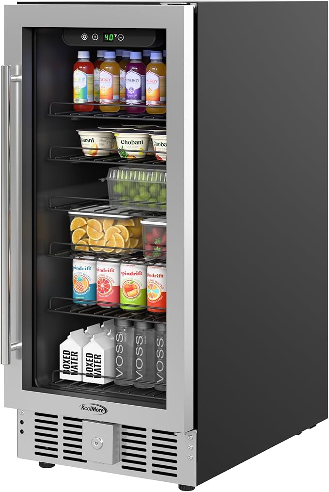 KoolMore 15” Inch Small Built-In Refrigerator and Beverage Cooler for Soda Cans, Beer Cans, Food and Fresh Snacks, 5 Wire Shelves, Adjustable Temperature Range (KM-BIR3C-GD), Stainless Steel