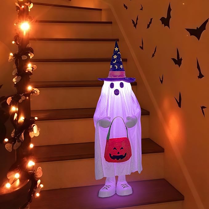 37" Cute Front Porch Light Up Halloween Ghost Décor, Kids Standing Trick or Treat Indoor and Outdoor Decorations-Star Moon