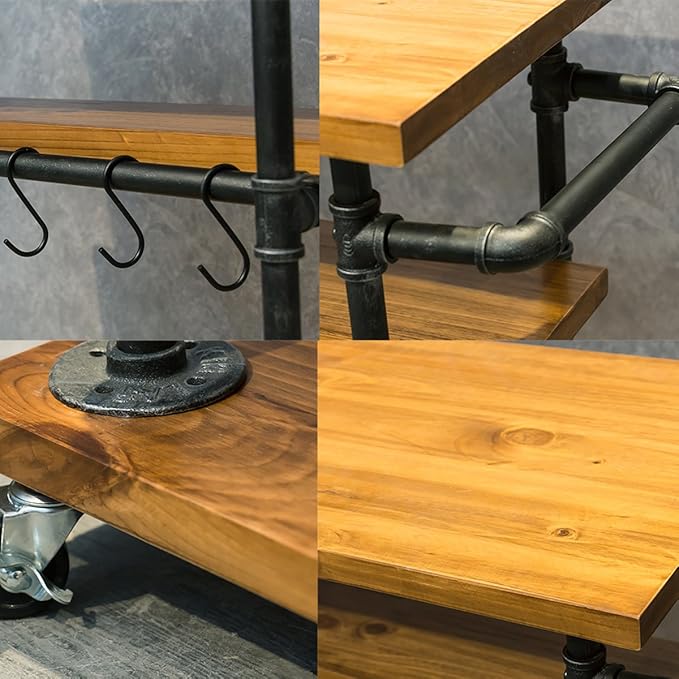 Industrial Portable Kitchen Island on Wheels,Bar Carts for the Home Wine Bar Beverage Coffee Cart,Metal Rolling kitchen carts and islands,Wood and Pipe 3-Tier Butcher Block Island Food Serving Cart