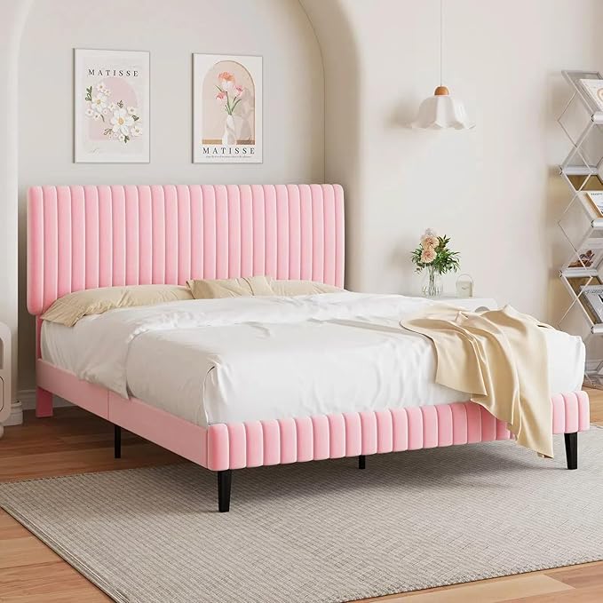 Full Size Bed Frame with Headboard, Velvet Upholstered Platform Bed with Vertical Channel Tufted Design, No Box Spring Required, Easy Assembly, Pink