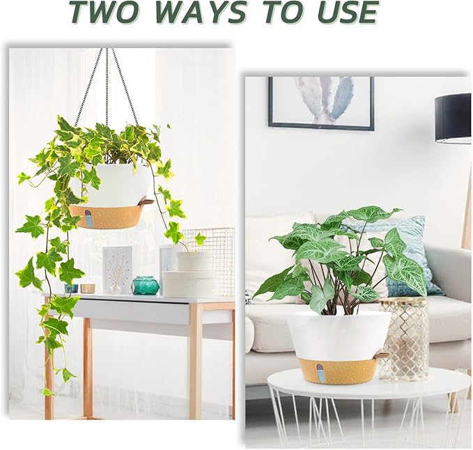 ZMTECH 8 Inch Hanging Planters for Indoor Plants, Hanging Baskets for Plants Outdoor with Visible Water Level, Hanging Flower Pots with Drainage Holes & Removable Tray(2 Pack, White)