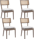 Rattan Dining Chairs Set Of 4 , Mid Century Modern Upholstered Cane Back Chairs with Removable Linen Cushion , Retro Farmhouse Natural Wooden Kitchen & Dining Room Chairs for Restaurant Living Room