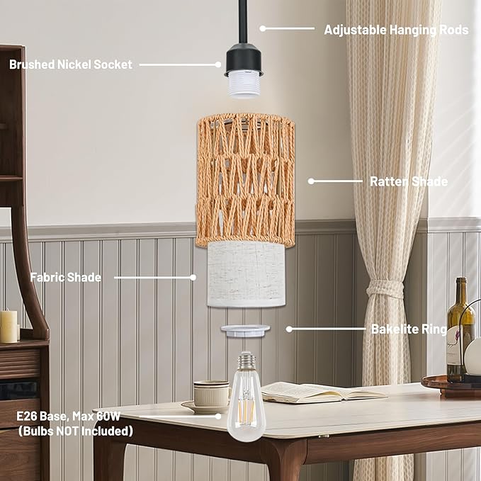 Pendant Light Boho Hanging Lamp - Rattan & Linen 2-in-1 Shade, Adjustable Hanging Lights Fixture for Kitchen Island, Dining Room, Farmhouse, Bedroom (2 Pack)