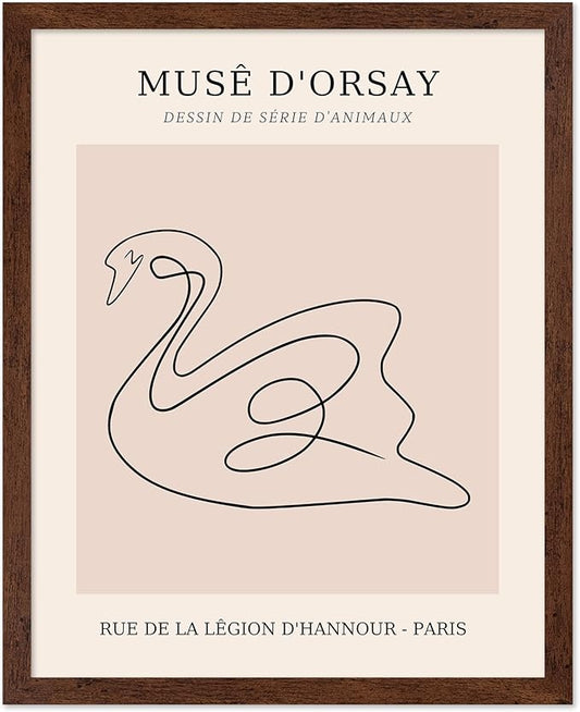 Poster Master Vintage Poster - Retro One Line Swan Drawing Print - Swan Art - Bird Art - Minimal Gift for Her, Animal Lover - Abstract Decor for Home, Office, Bedroom, 11x14 Brown Framed