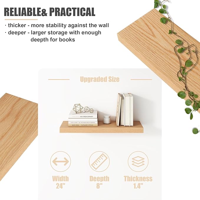 Floating Shelves for Wall, USA-Sourced Oak Wood 24 Inch Wall Shelves Set of 2, Natural Wooden Wall Mounted Picture Ledge Shelf, Nursery Book Storage Shelf Kids Bookshelf, Display Shelf for Bathroom