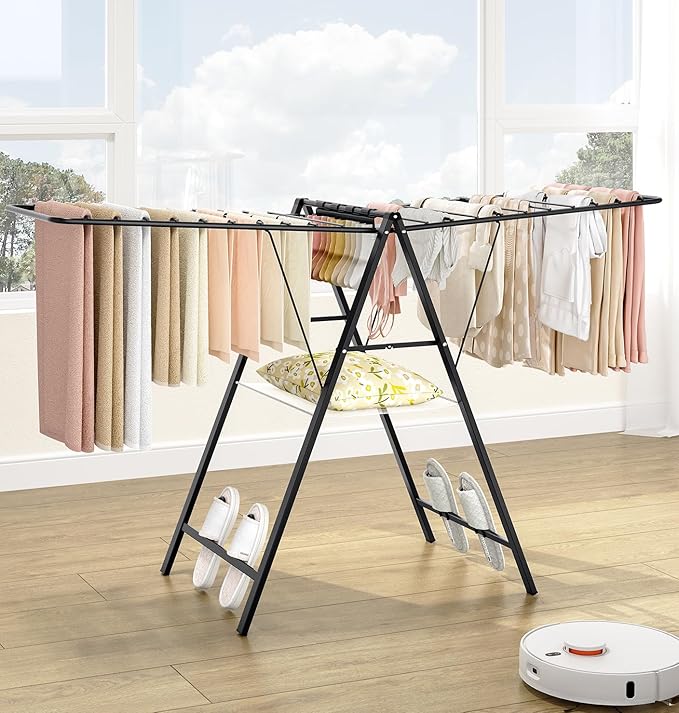 APEXCHASER Foldable Clothes Drying Rack, Metal Laundry Drying Rack Collapsible, Ultra Thin Clothes Rack for Sweater Bra Towel for Indoor & Outdoor Use, Height Adjustable Gullwing Clothes Airer, Black