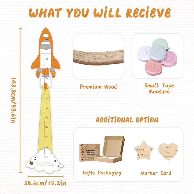Personalized Name Height Chart for Kids, Cute Rocket Wooden Growth Chart for Kids, Wall Height Chart for Children, Cute Wall Ruler for Kids, Track Height Measurement, Easy to Install