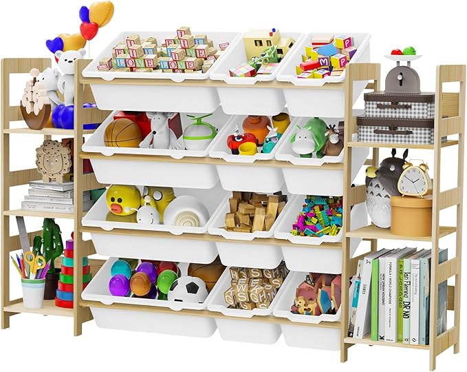 Toy Storage Organizer, with 4-Tier Toy Shelf and 12 Bins, Kids Bookshelf and Toy Storage with 6 Shelves for Kids Room Bedroom Playroom Nursery Room