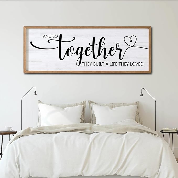 And So Together They Built A Life They Loved Decorative Rustic Sign & Plaque Framed Wall Art for Couples, 40''×15''Wooden Long Wall Decor Above Bed, Vintage Horizontal Farmhouse Wedding Gift