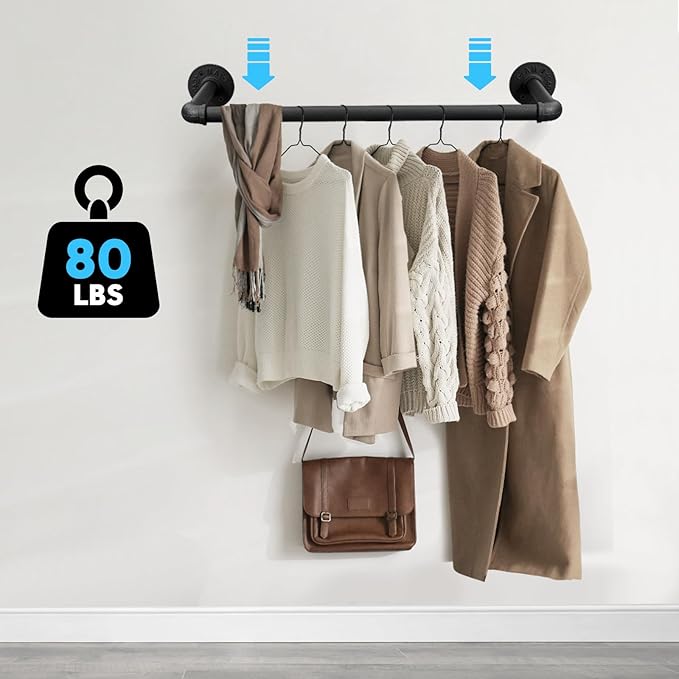 Industrial Pipe Clothes Rack Set of 2, 21” Heavy Duty Wall Mounted Clothing Rack Multi-Purpose Garment Bar, Space-Saving Hanging Rod for Laundry Room,Closet Storage