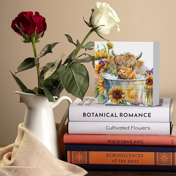 Highland Cow Funny Bathroom Decor, Highland Cow Gifts, Highland Cow Decor,Highland Cow Nursery Decor,Wooden Box Decor Sign for Home Farmhouse Office Living Room Table Shelf Tiered Desk