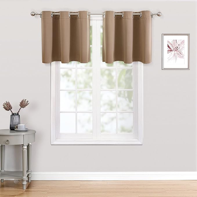 ChrisDowa Small Kitchen Valances for Windows - Grommet Short Thermal Insulated Room Darkening Window Valances Curtains for Living Room (2 Panels, Cappuccino, 52 x 18 Inch)