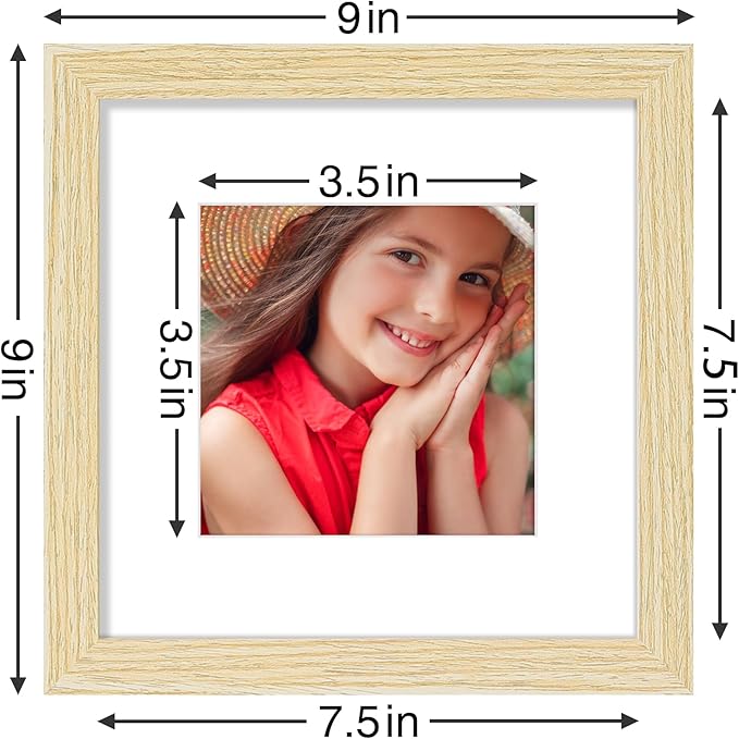 Vittanly 8x8 Picture Frames Set of 9, Shatter Resistant Plexiglass, Display 4x4 Pictures with Mat or 8x8 without Mat, Photo Frames for Wall Mount, Engineered Wood, OAK