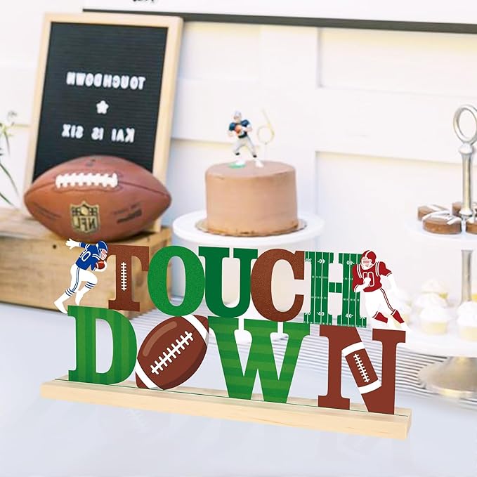 COCHIE Metal Football Touchdown Sign, Green Super Football Bowl Game Tailgate Party Decorations for Home, Office, Shelf, Mantel, Indoor, Touch Down Table Toppers Decor (Superbowl)