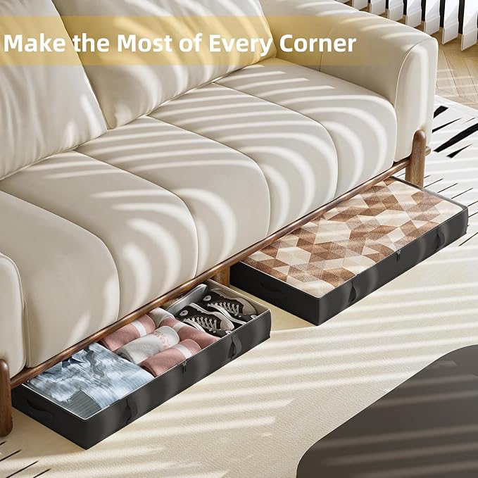 2-Pack Under Bed Storage, 6 Inches Tall Closet Organizers and Storage Bins with Sturdy Sidewalls/Bottom/4 Handles, Black