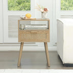 MaxSmeo Rattan Nightstand with Drawer, Mid Century Modern Wood Bedside Table for Living Room, Bedroom and Small Spaces (Rustic Walnut)