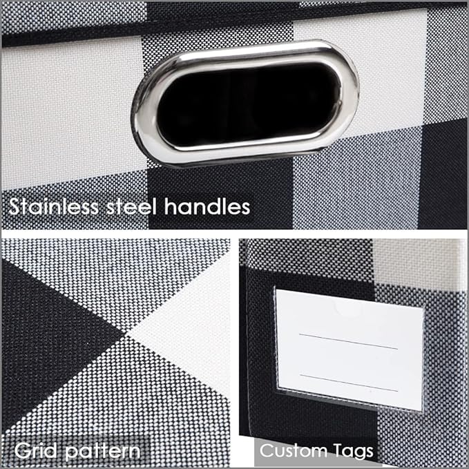 PRANDOM Collapsible Storage Bin with Lid [3-Pack] Fabric Foldable Storage Box Organizer Container Basket Cube with Cover for Home Bedroom Closet Office Nursery Black and White Grid(14.9x9.8x9.8)