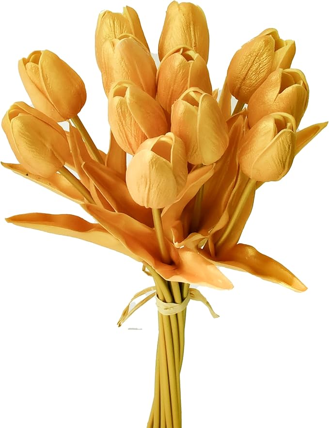 Mandy's Artificial Tulips 12 Stems Fully Gold PU Faux Flowers for Wedding Home Decor 13.5 Inch