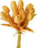 Mandy's Artificial Tulips 12 Stems Fully Gold PU Faux Flowers for Wedding Home Decor 13.5 Inch