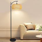 Arc Floor Lamps for Living Room Rattan Boho Floor Lamp with Remote Control,Dimmable LED Floor Lamp Wicker Lamp Shades Black Standing Lamp with 3 Color Temperature Tall Floor Lamps For Bedroom Corner