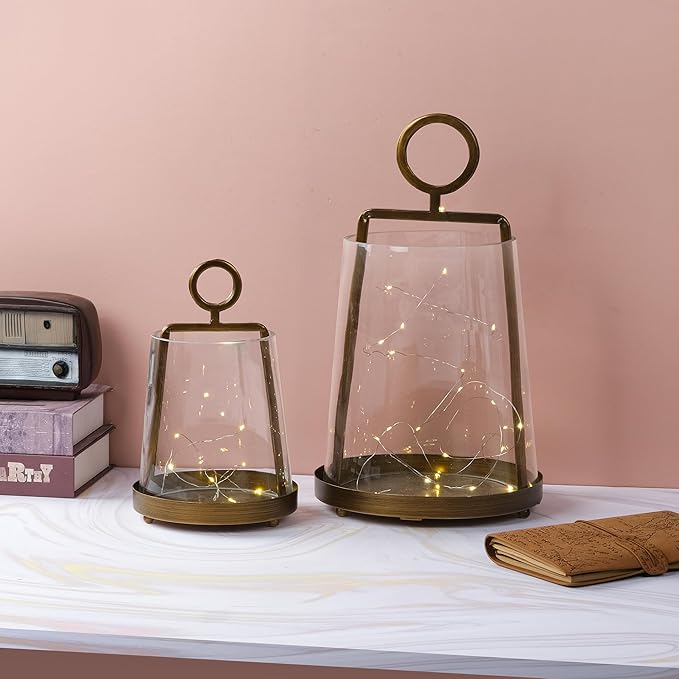 9" Wide Modern Farmhouse Metal Hurricane Candle Holder with Handmade Sturdy Glass Sleeve in Antique Brass for Pillar Candle & Plants, Hurricane Lantern, Industrial, Minimalistic (1, Brass, 9"x14")
