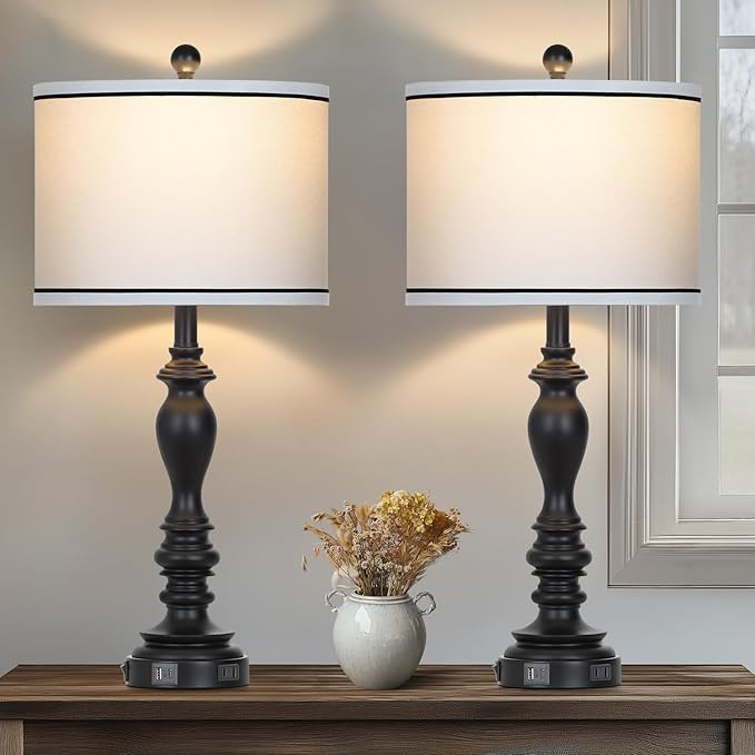 27.5" Farmhouse Table Lamp for Living Room, Black Lamps Set of 2 with USB A+C Ports, Mid Century Tall Table Lamp for Bedroom, Bedside Lamps for Night Stands(2 Bulbs Included)