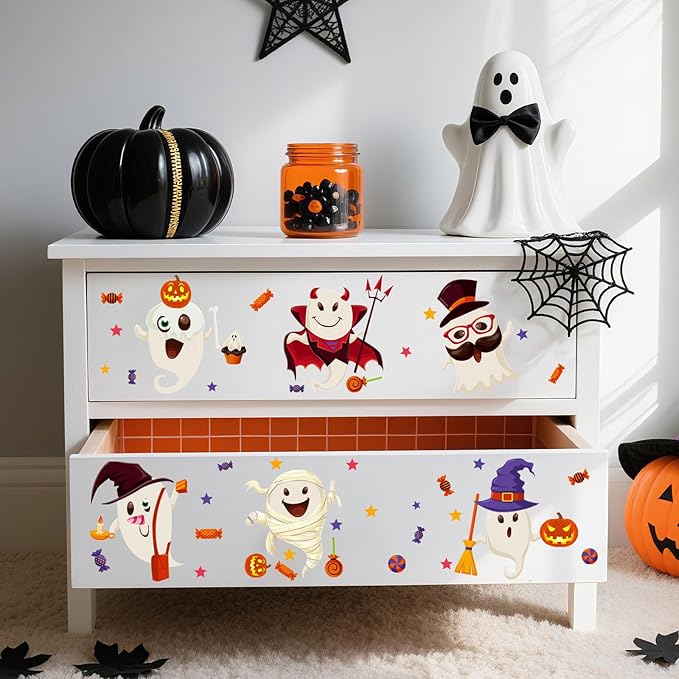 6 Sheet Halloween Stickers Clings Cute Ghost Decals Decor for Kids, Vintage Ghost Evil Pumpkin Reusable Window Stickers for Halloween Party Supplies Home Glass Decorations